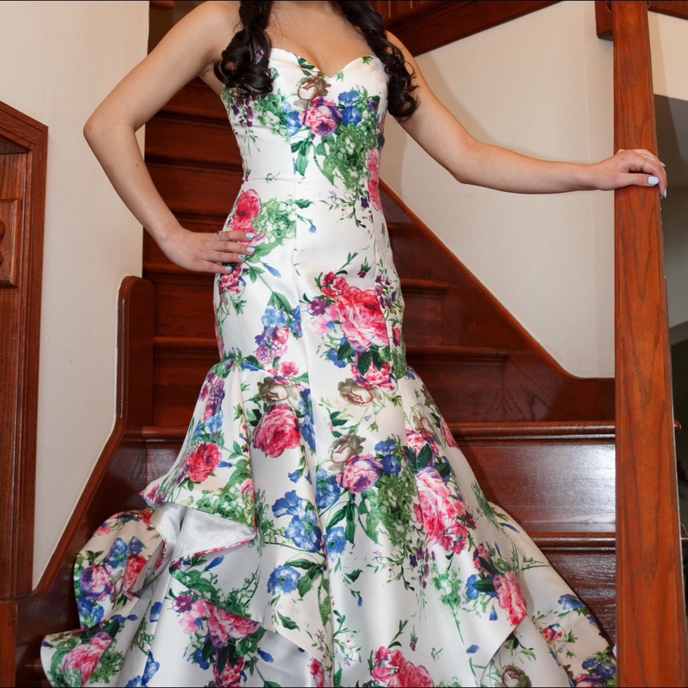 Mori Lee White Floral Mermaid Prom Dress